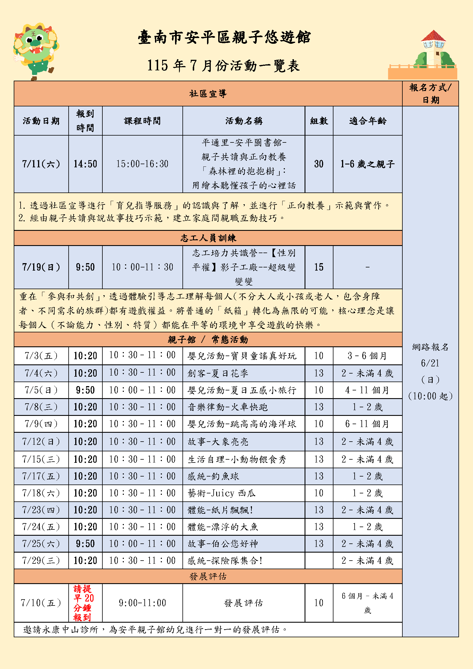 安平親子館7月活動一覽表圖片