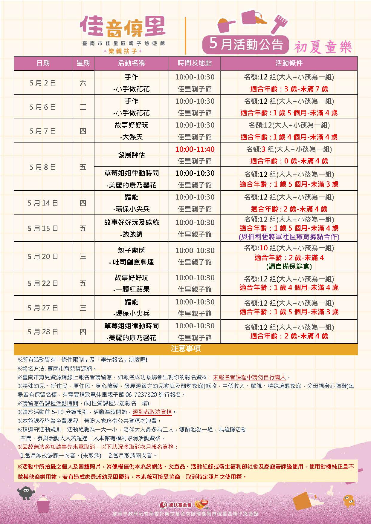 佳里親子悠遊館5月份活動公告圖片