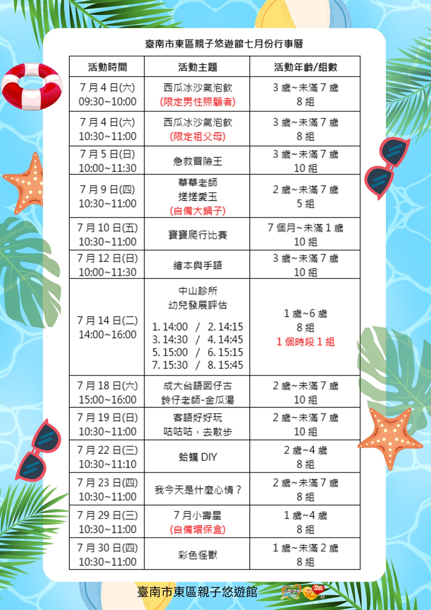 東區親子悠遊館7月行事曆圖片
